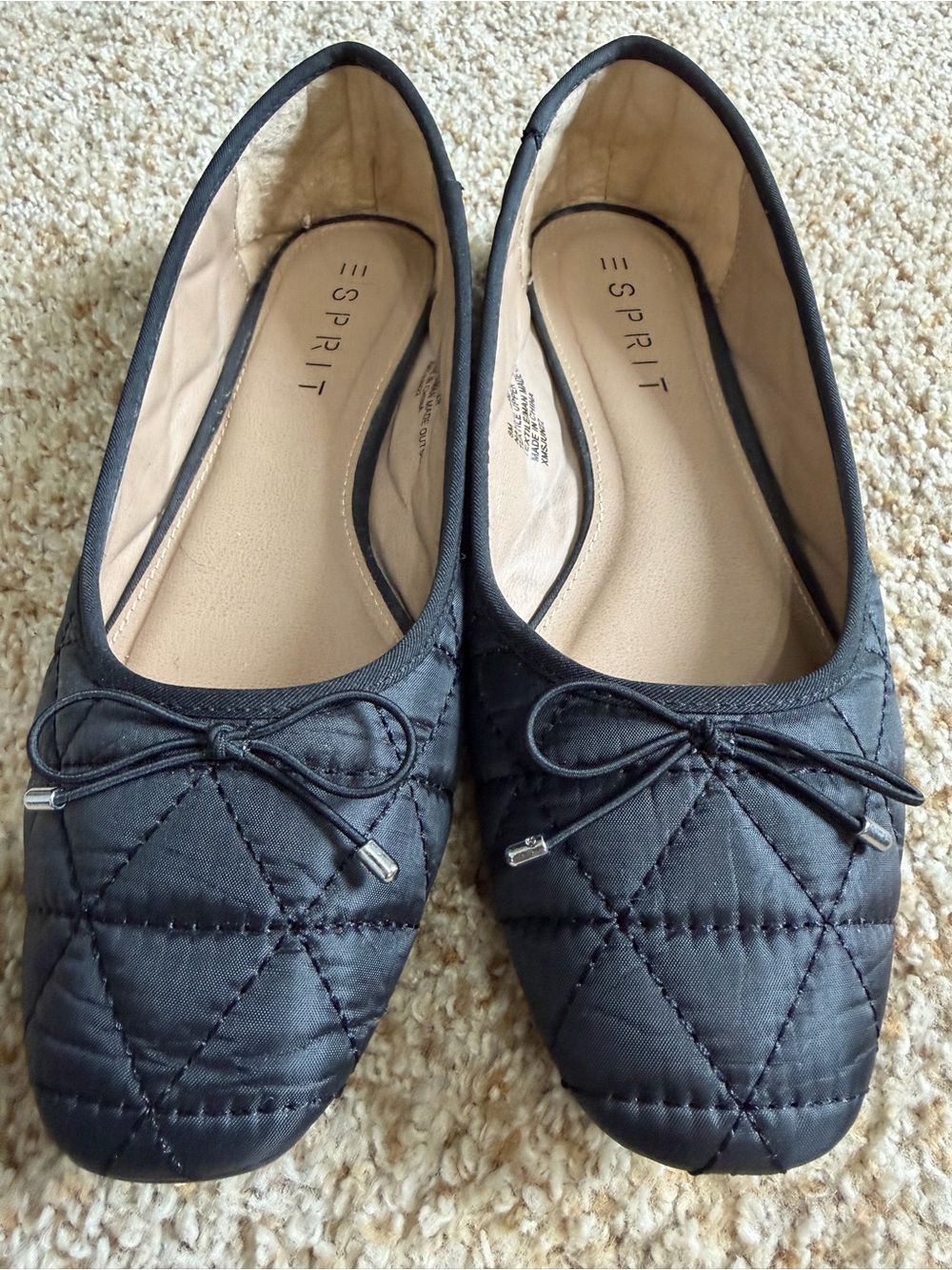 Esprit Black Quilted Ballet Flats with Bow Accent